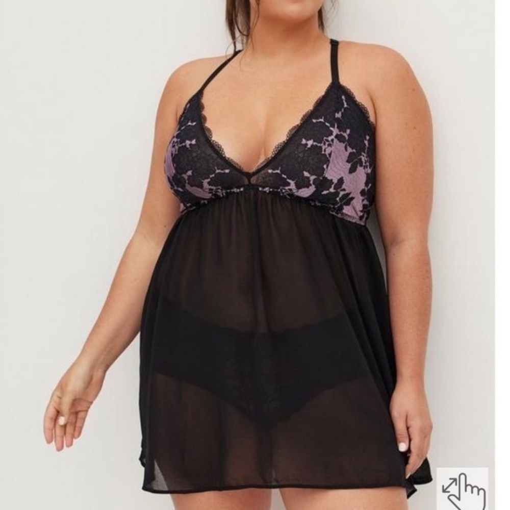 NWOT TORRID Black Purple Lace Babydoll Lingerie Criss Cross